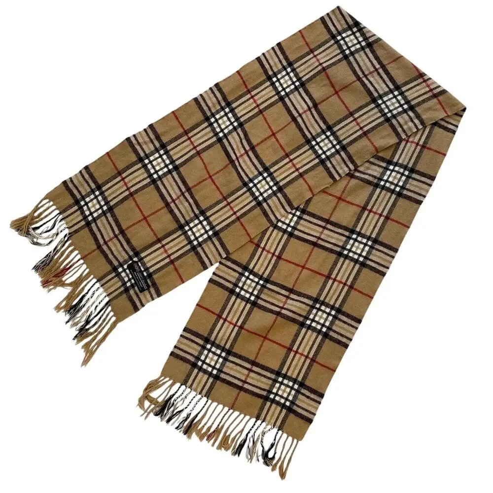Cashmere Scarf, Tan Plaid Nova Check, Fringe, Made in Scotland, Unisex, 12 x 68